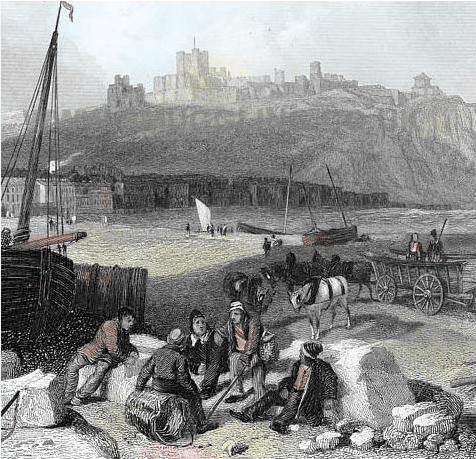 Tubmen on the quay with a castle in the distance